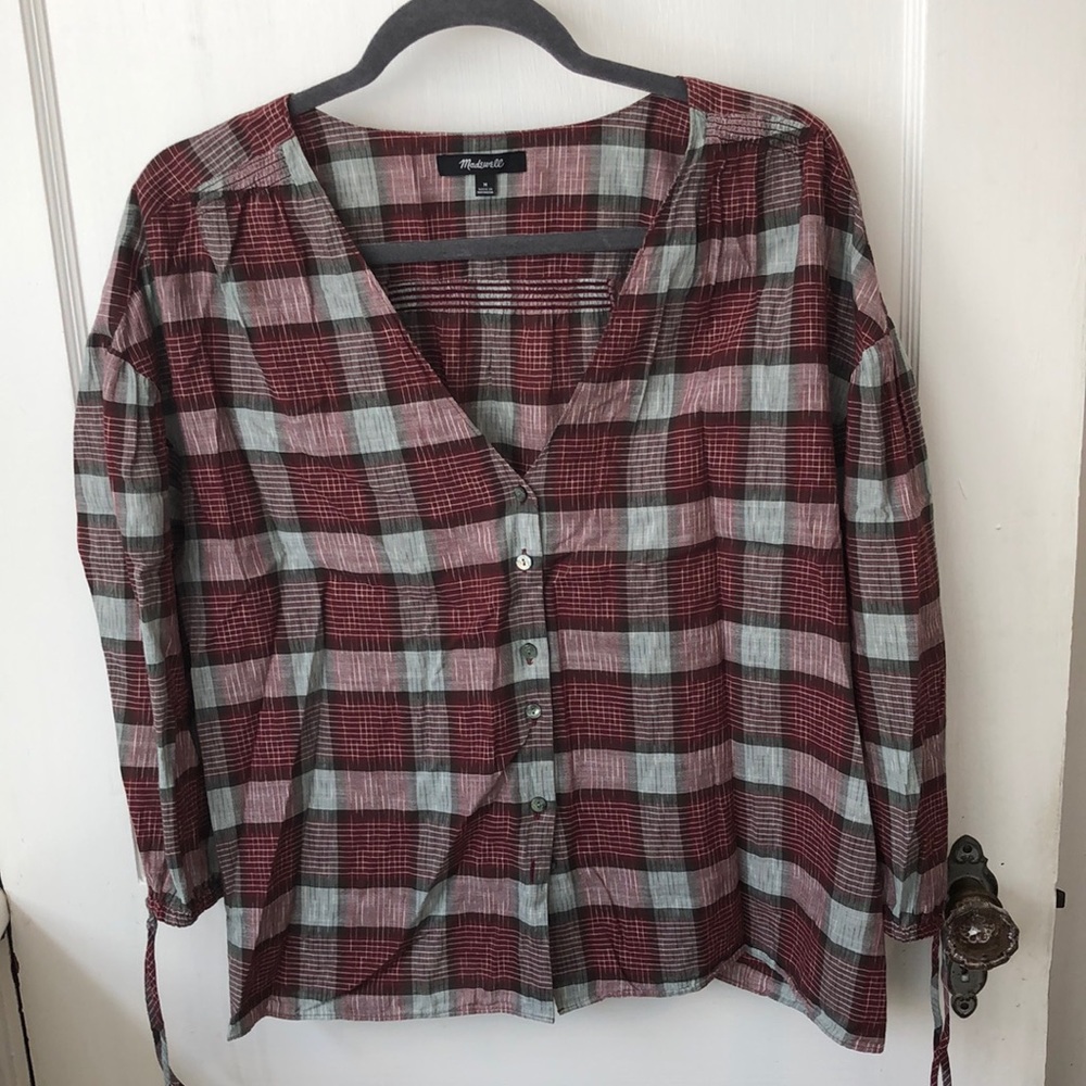 Madewell Plaid Tie Sleeve Top